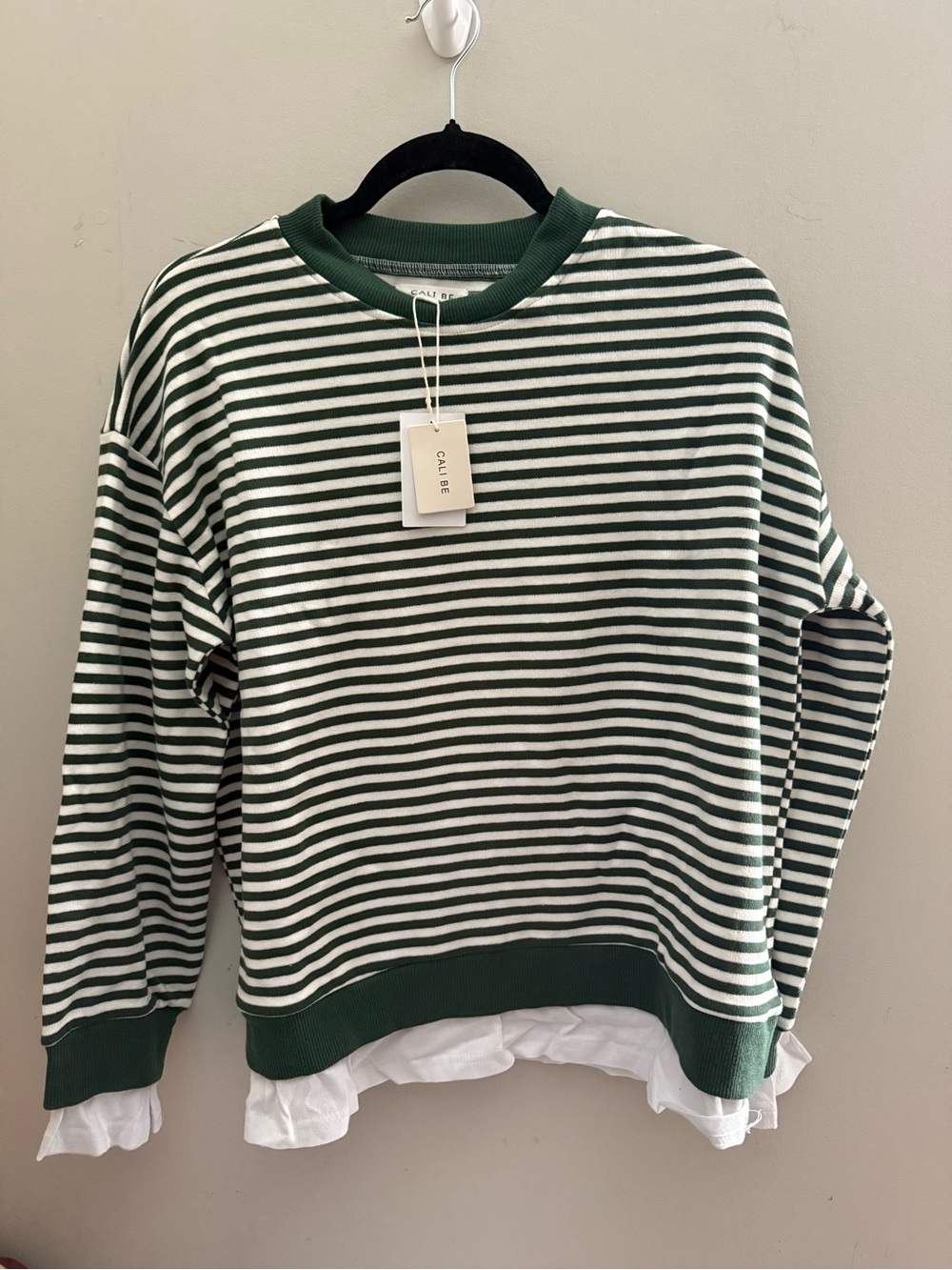 Cali Be Green & White Striped Crewneck Sweater with Layered Hem